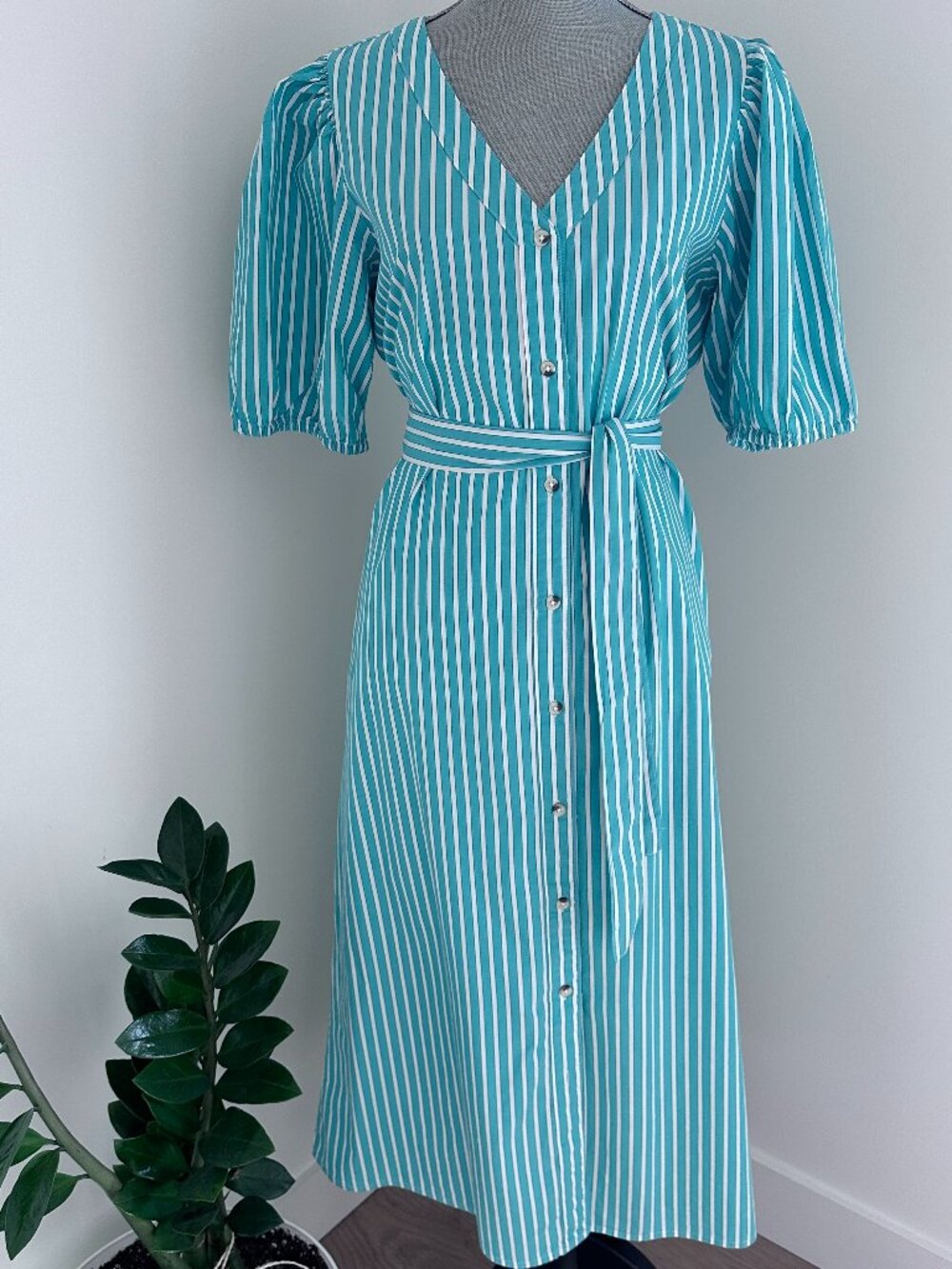 Women's Cotton Puff Sleeve Midi/Maxi Shirt Dress sz L. - Green & White